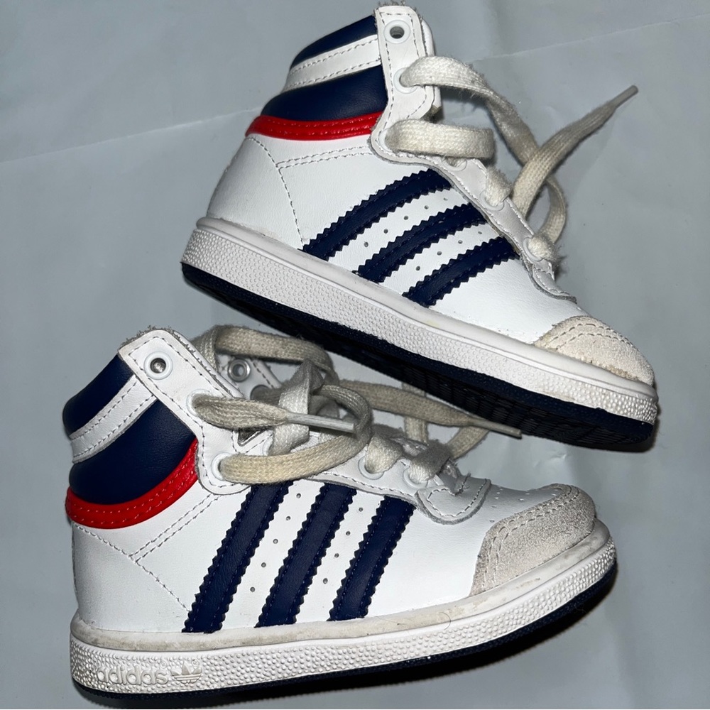 Adidas Toddler High Tops White Blue Striped Red Sneakers 6K Baby Shoes Leather 6 - Picture 7 of 16